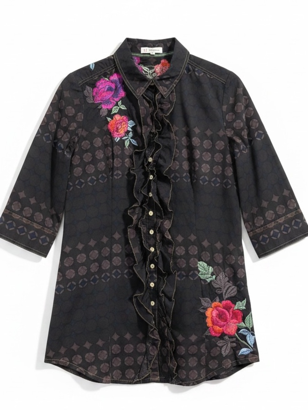 Johnny Was “3J” Black Button Front Ruffled Placket Floral Embroidered Tunic Top